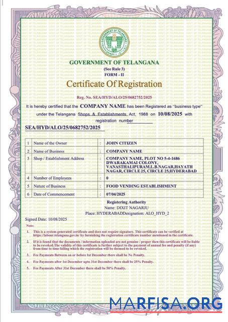 Blank India Telangana certificate of registration Word and PDF template